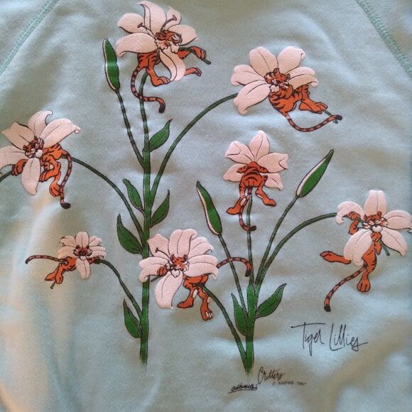Vintage 80s Goldsmith's Critters Tiger Lillies Pun Collared Sweatshirt - Picture 4 of 9
